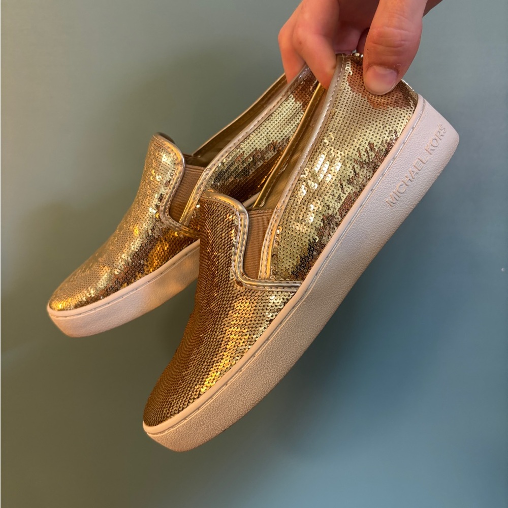 Women Ladies MICHAEL KORS Gold Sequins Sneakers Shoes Size 5